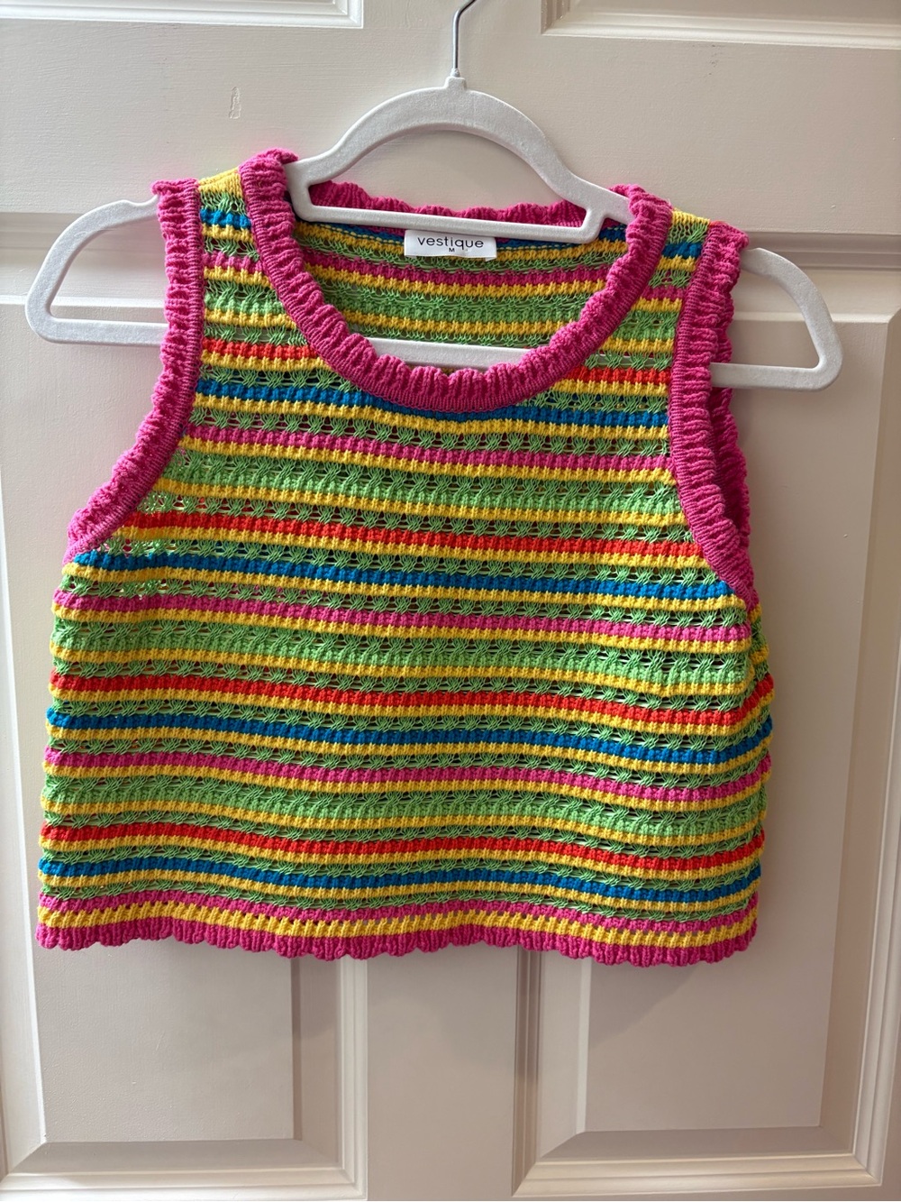 Women’s vestique Multicolor Striped Knit Tank with Pink Trim